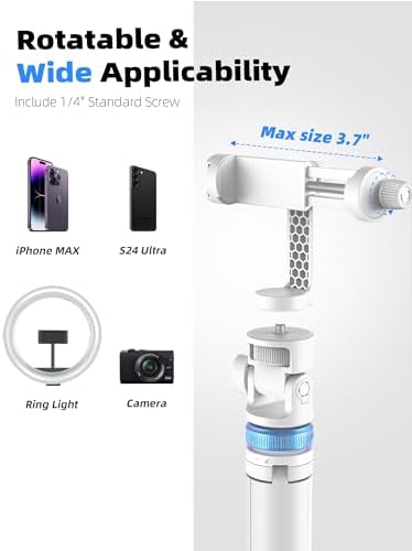 Kaiess 62" Phone Tripod & Selfie Stick, Extendable Photography Light Stand with Wireless Remote, Solidest, Portable, Lightweight, Compatible with iPhone/Android Phone (White) - Image 5