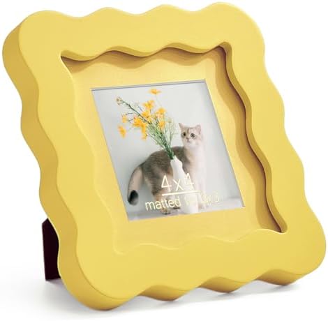 4x4 Yellow Picture Frame with Mat for 3x3, Curved Wavy Edge Deco Wooden Real Glass, Vertical or Horizontal Display Photo Gallery Wall & Tabletop Frame by Gdfmsc