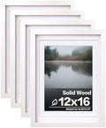 Egofine 12x16 Picture Frames Set of 4, Made of Solid Wood Covered by Plexiglass 9x12 and 11x14 with Mat or 12x16 without Mat, for Wall Mounting Photo Frame White by Egofine