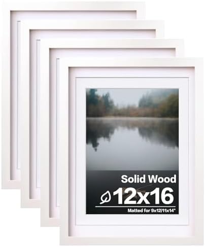 Egofine 12x16 Picture Frames Set of 4, Made of Solid Wood Covered by Plexiglass 9x12 and 11x14 with Mat or 12x16 without Mat, for Wall Mounting Photo Frame White by Egofine