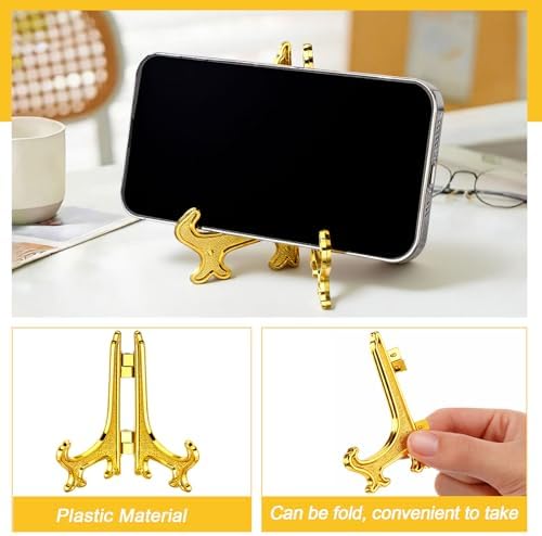Patelai 48 Pcs Mini Easel Stands 3 Inch Plastic Plate Stand Holder Display Picture Easel for Display Picture Frame Collectibles Desktop Weddings Party Home Decoration (Gold) - Image 3