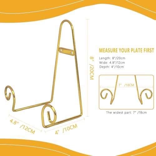 YY YEARCHY Metal Plate Stand Holder, Wall Hanging Display Rack, Sturdy Iron Easel for Displaying Plates (8-14 Inch), Bowls, Platters, Art, Photos, Books (4, Gold, 8"x4.8"x4") - Image 3