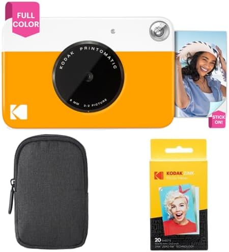 Kodak Printomatic Full-Color Instant Print Camera Starter Bundle + Carrying Case + Zink 20pk Photo Paper - Colorful Photos On 2x3 Sticky-Back Paper - Fun Gift for Birthday Christmas Holiday - Yellow by Unknown