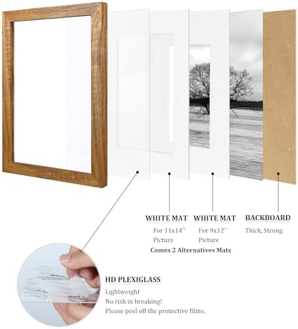 Egofine 12x16 Picture Frames Set of 4, Made of Solid Wood Covered by Plexiglass 9x12 and 11x14 with Mat or 12x16 without Mat, for Wall Mounting Photo Frame, Teak Wood - Image 5