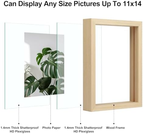 Egofine 11x14 Floating Frames Set of 2, Double Plexiglass Picture Frame, Made of Solid Wood Display Any Size Photo up to 11x14, Wall Mount or Tabletop Standing, Natural Wood - Image 3