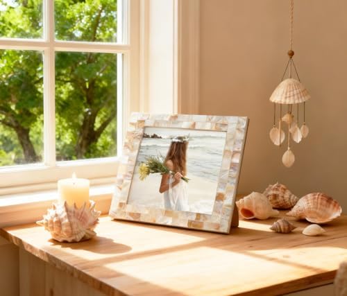 Picture Frame 5x7 Mother of Pearl Photo Frame,Beach Picture Frame Tabletop or Wall Hanging Display Frame(5x7 Natural White,1pc) - Image 4