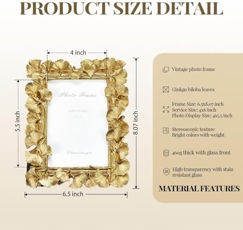 Cuspin Gold Picture Frame 4x6 Vintage Ornate Ginkgo Leaf Resin Photo Frame - Image 4