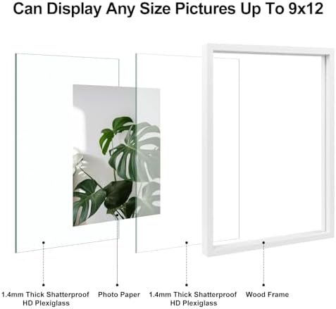 Egofine 9x12 Floating Frames Set of 2, Double Plexiglass Picture Frame, Made of Solid Wood Display Any Size Photo up to 9x12, Wall Mount or Tabletop Standing, White - Image 3