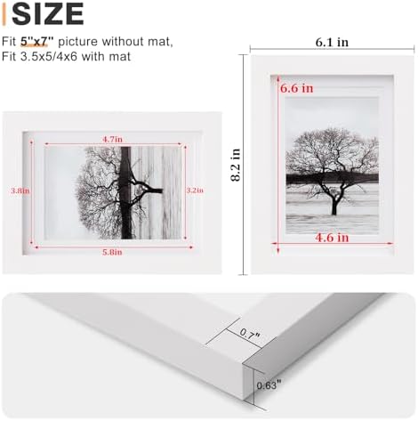 Egofine 5x7 Picture Frames Set of 4, Made of Solid Wood Covered by Plexiglass 3.5x5 and 4x6 with Mat or 5x7 without Mat, for Table Top Display and Wall Mounting Photo Frame White - Image 3