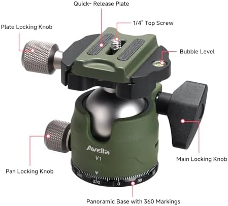 Avella V1 DSLR Camera Tripod Ball Head 38MM, 360 Degree Swivel,U-Shaped Groove Design, for Canon Nikon Sony Olympus Panasonic DSLR Camera-Green - Image 2