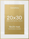 Homeforia 20x30 Gold Picture Frame, High-End Metal, 16x24 Mat, Glass by Homeforia