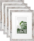 Egofine 9x12 Picture Frames Set of 4, Made of Solid Wood Covered by Plexiglass 5x7 and 6x8 with Mat or 9x12 without Mat, for Table Top Display and Wall Mounting Photo Frame, Rustic White by Egofine