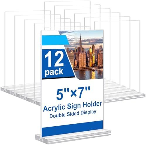 5x7 Acrylic Sign Holder, 12 Pack Vertical Plastic Signs Frame Table Top Display, Double Sided Display Flyer Holder Menu Holders Clear Stand for Office Store Show Fair by Unknown