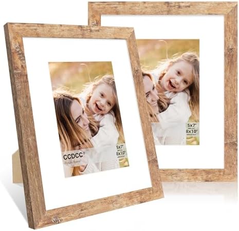 8x10 Picture Frame Set of 2, 8 x 10 Wood Photo Frames with Mat for 5x7, Natural Wooden Frame with Real Glass Cover for Wall and Tabletop Display,Brown by CCDCC