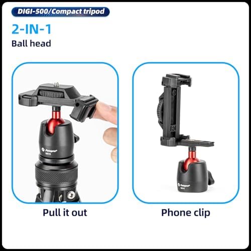 Fotopro 64” Camera Tripod 2-in-1 Compact Phone Stand with Hidden Cold Shoe Phone Clip, Portable Travel Tripods with Fluid Video Head 1.5lbs Lightweight Aluminum Tripod Max Load 6.6lbs DIGI-500 Black - Image 4