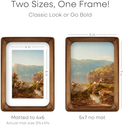 Homeforia 7x5 Picture Frame Brown Wood, Mortise & Tenon Dark Wooden 7 x 5 Photo Frames with Mat 4 x 6 for Wall or Tabletop, 7by5 Walnut Frame Matted to 4x6 inch Art, Tempered Glass, Wall Kit, Set of 1 - Image 2