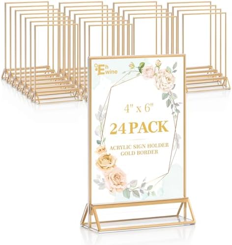 EHWINE 24 Pack Acrylic Sign Holder 4 x 6, Double Sided Gold Picture Frame Stand up Table Top Sign Holders, Clear Display Stand Menu Flyer Holder for Wedding Party by EHWINE
