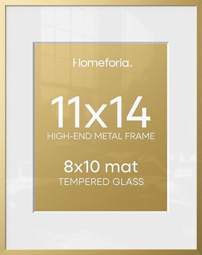 Homeforia 11x14 Gold Picture Frame, High-End Metal, 8x10 Mat, Glass by Homeforia