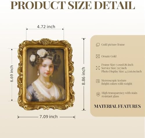 Cuspin 5x7 Picture Frame, Gold Vintage Ornate Floral Antique Photo Frame - Image 5