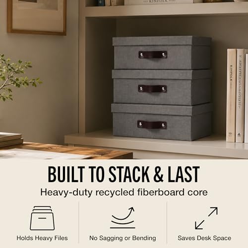 Bigso Box of Sweden Oskar Canvas Fiberboard Document Letter Box - File Organizer Box for Important Paperwork - Document Storage with a Lid & Handle - 3.3 in x 10.2 in x 13.8 in - 3 Pack - Grey - Image 3