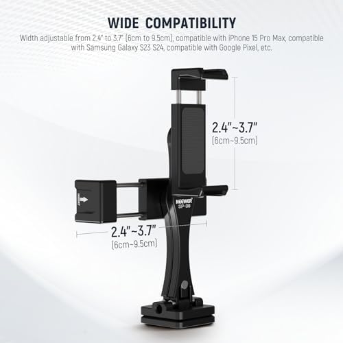 NEEWER Metal Phone Tripod Mount Adapter with Arca QR Base, 360° Rotatable Dual Cell Phone Clip Clamp Holder with 4 Cold Shoes Compatible with iPhone Samsung for Vlog Live Stream Video Recording, SP-08 - Image 4