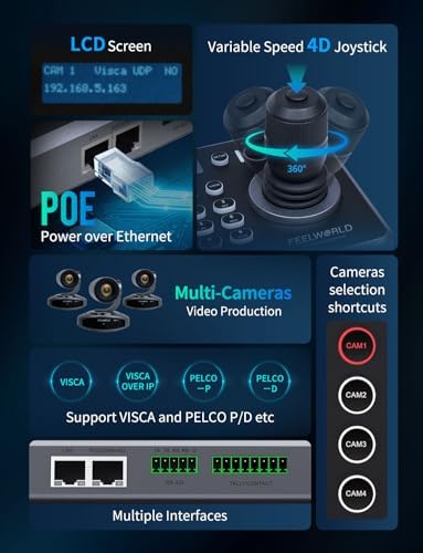 FEELWORLD KBC20N NDI PTZ Camera Joystick Controller, LCD Screen 4D Joystick Control Keyboard Support NDI PoE VISCA Pelco-D/P RS422 RS485 RS232 RJ45 for Church Live, Events, Live Streaming - Image 2