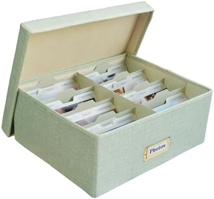 Linen Photo Storage Box – Holds 1700 Photos, Photo Organizer with Lid for Photo, Pictures, 24 Adjustable Dividers & 72 Labels Multi-Use Organizer Memory Box for Envelopes, Baby, Wedding, Cards Green by Sprsthai