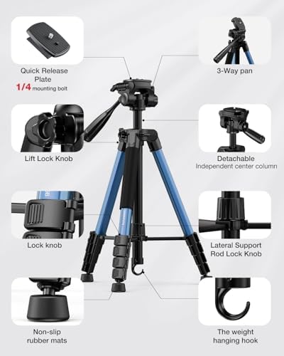 CAMBOFOTO 73" Camera Tripod and Monopod, Aluminum Tripod Stand/Navy Blue - Image 6