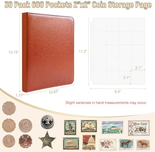 BYSTER Coin Collection Book, 30 Pack 600 Pockets Coin Sleeves, Coin Collection Holder Album, Coin Collection Organizer Storage Box Case (Coin Flips Not Included), Reddish Brown - Image 2