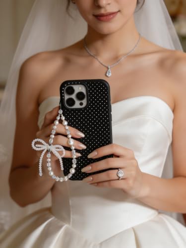 Cell Phone Charm Pearl Beaded Phone Wrist Strap Elegant Aesthetic Handmade Anti-Lost Pearl Chain Bracelet for iPhone 17 Pro Samsung All Smartphones Wristlet Gift for Women Clear Crystal Double Bow Faux - Image 4