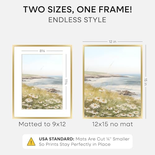 Homeforia 12x15 Gold Picture Frame, High-End Metal, 9x12 Mat, Glass - Image 2