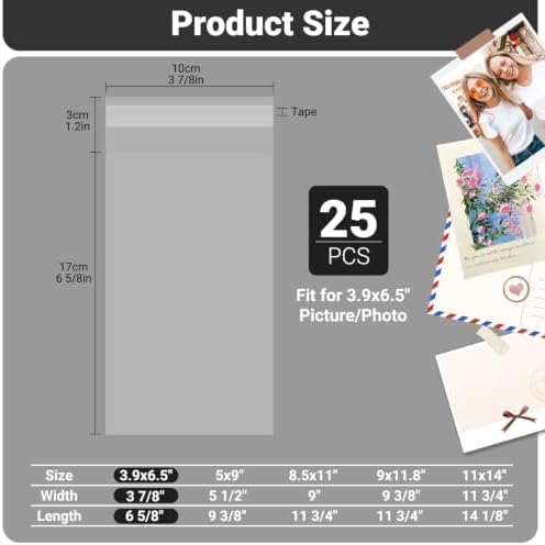 25 Pack Archival Photo Sleeves 3.9x6.5" - Acid Free Crystal Clear Plastic Bags Self Adhesive, Clear Paper Sleeves Protector, Plastic Covers for Paper Photo Prints Cardstock - Image 2