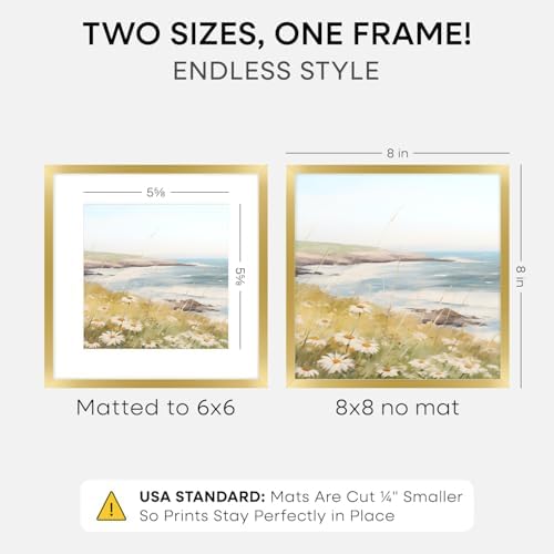 Homeforia 8x8 Gold Picture Frame, High-End Metal, 6x6 Mat, Glass - Image 2
