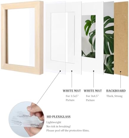 Egofine 4x6 Picture Frames Set of 4, Made of Solid Wood Covered by Plexiglass 3x4.5 and 3.5x5 with Mat or 4x6 without Mat, for Table Top Display and Wall Mounting Photo Frame, Oak Wood - Image 4