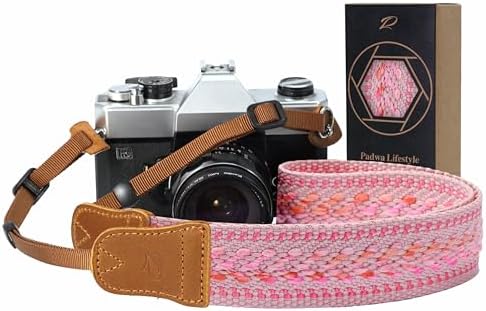Padwa Lifestyle Speed Pink Camera Strap - 1.5" Soft Cotton Rope Weave Crazy Horse Cowhide Head Camera Straps for Photographers and All Cameras,Cute Adjustable Vintage Woven Strap for Adults & Kids by PadwaLifestyleCameraStrap