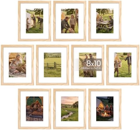 upsimples 8x10 Picture Frame Set of 10, Display Pictures 5x7 with Mat or 8x10 Without, Multi Photo Frames Collage for Wall or Tabletop Display, Natural by upsimples