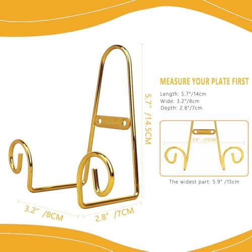 YY YEARCHY Metal Plate Stand Holder, Wall Hanging Display Rack, Sturdy Iron Easel for Displaying Plates (6-12 Inch), Bowls, Platters, Art, Photos, Books (4, Gold, 5.7"x3.2"x2.8") - Image 6