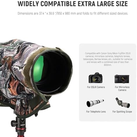 NEEWER PB019 Camera Rain Cover XL Large Waterproof Raincoat Protective Cover for Canon Sony Nikon Fujifilm DSLR Camera & Lenses up to 800 mm Double-Sided Camouflage Green Nylon - Image 2