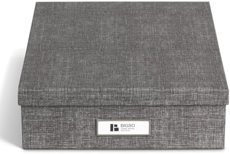 Bigso Oskar Canvas Fiberboard Document Letter Box for Important Paperwork A4 or Letter Size - Durable Keepsake Box with Lid and Metal Label Holder - 3.3in x 10.2in x 13.8in - Melange Grey - Image 2
