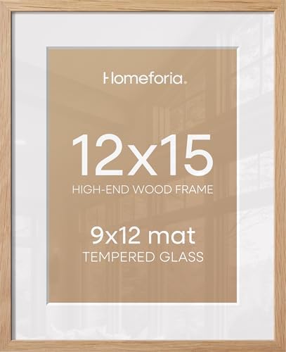 Homeforia 12x15 Natural Oak Picture Frame, High-End Wood, 9x12 Mat, Glass by Homeforia