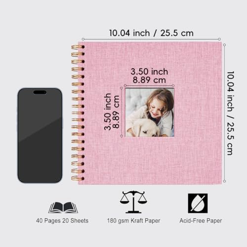 10 x 10 Inch Scrapbook Photo Album, Hardcover Kraft White Pages Arch Window Photo, Memory Book Linen Cover for Photos, Scrapbook Albums for Travel, Wedding Anniversary Christmas Baby 40 Pages, Pink - Image 3