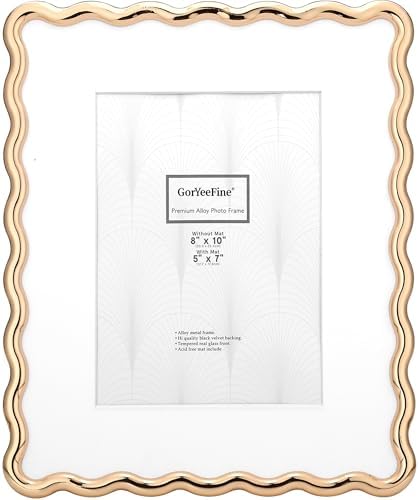 8x10'' Heavy-Duty Zinc Alloy Gold Photo Frames with Acid Free Mat for 5x7'',Wave Design Gold Picture Frame 8x10'' with Black Velvet Backing,for Desktop and Wall Hanging by GorYeeFine
