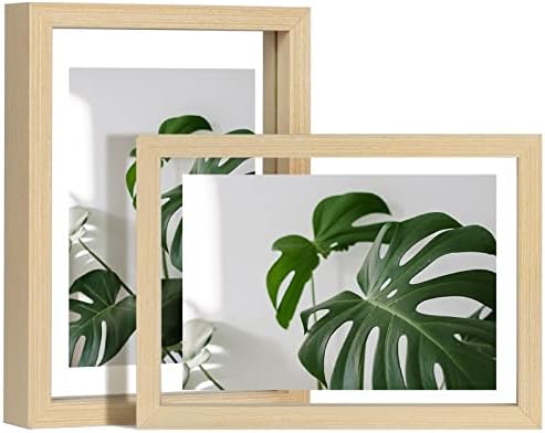 Egofine 5x7 Floating Frames Set of 2, Double Plexiglass Picture Frame, Made of Solid Wood Display Any Size Photo up to 5x7, Wall Mount or Tabletop Standing, Natural Wood by Egofine