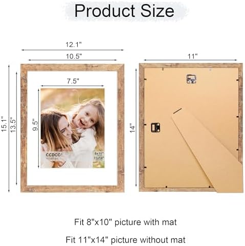 11x14 Picture Frame Set of 2, 11 x 14 Wood Photo Frames with Mat for 8x10, Natural Wooden Frame with Real Glass Cover for Wall and Tabletop Display,Brown - Image 5