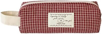 Monolike Unmatched Friends Fabric Check Block Pencil Case, Vintage red - Aesthetic Gingham Pastel Desk Organizer, Soft Padded Makeup Brush Case, Trendy Minimalist Stationery Pouch by Onlythingsilike