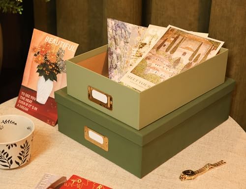 2-Piece Decorative Storage Boxes, Sophisticated Dual-green Palette, Paperboard Stackable with Gold Label Holders for Home Office Organization, Home Decor, Photos, Files and Keepsake Box - Image 3