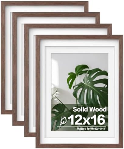 Egofine 12x16 Picture Frames Set of 4, Made of Solid Wood Covered by Plexiglass 9x12 and 11x14 with Mat or 12x16 without Mat, for Wall Mounting Photo Frame Brown by Egofine