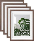 Egofine 12x16 Picture Frames Set of 4, Made of Solid Wood Covered by Plexiglass 9x12 and 11x14 with Mat or 12x16 without Mat, for Wall Mounting Photo Frame Brown by Egofine