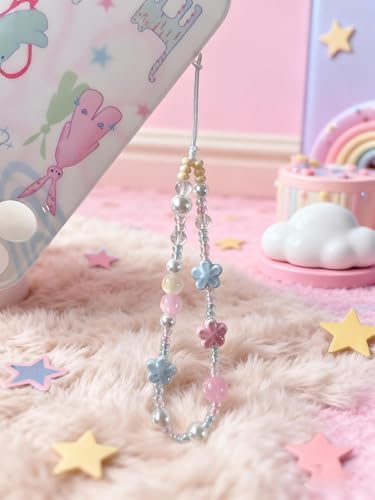 2 Pcs Phone Charm Strap Hand for iPhone Wrist Strap Camera Lanyard Pearl Beaded Cute Chain String Accessories Universal for iPhone 17 Pro Max 16 15 Samsung Women Girls Keychain Bow Flower Blue Flower - Image 5