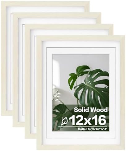 Egofine 12x16 Picture Frames Set of 4, Made of Solid Wood Covered by Plexiglass 9x12 and 11x14 with Mat or 12x16 without Mat, for Wall Mounting Photo Frame Beige by Egofine